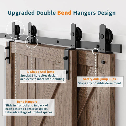 Sliding Barn Door Rail Hardware Kit For Double Doors Monorail System Tough Heavy Duty Track With Quiet Bearings Smooth And Silent Operation, Easy To Install, No Door Included, Black Powder Coated 6mm Carbon Steel Ceiling Mount Ready with close-up of rail system and door hangers.