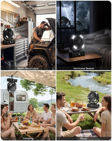 Misting Fan For Camping With Light, Rechargeable Portable Tent Fan With 300ml Water Tank used in various outdoor settings.