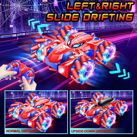 GDRic Spider RC car, red and blue 4WD stunt vehicle with LED lights, 360° rotation, handheld remote controller