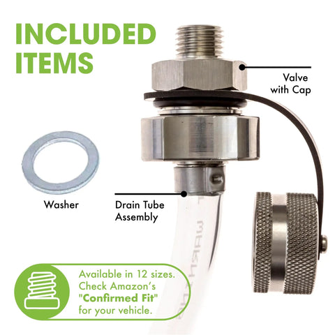 Mess Free Quick Twist Oil Drain Valve for DIY Oil Changes shown with washer, valve with cap, and drain tube assembly.