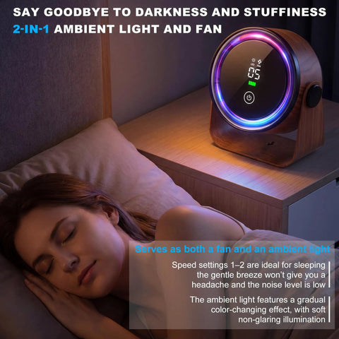 Woman sleeping beside Compact Desk Fan With 5000mAh Rechargeable Battery, Retro Low Noise Portable Table Fan With 5 Speed Settings
