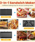 Image showing Awesome 3 in 1 Electric Sandwich Maker With Panini Press Grill And Waffle Iron Set removable nonstick plates in use.