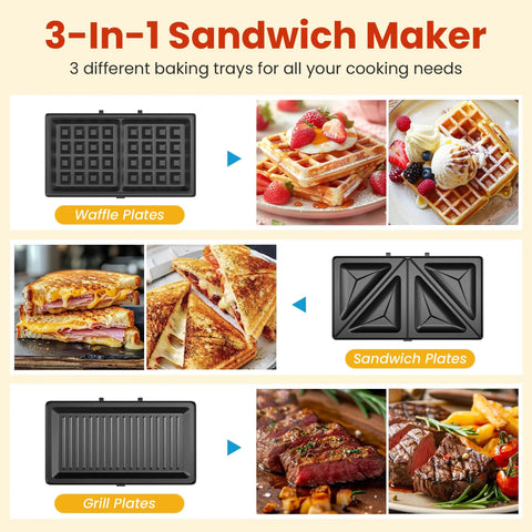 Image showing Awesome 3 in 1 Electric Sandwich Maker With Panini Press Grill And Waffle Iron Set removable nonstick plates in use.