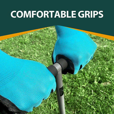 Hands gripping a heavy duty Lawn Core Aerator Tool Manual Dethatching and Soil Aeration handle on a grassy lawn