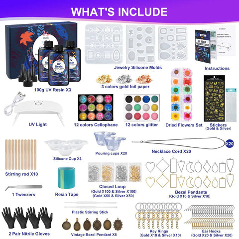 UV Resin Jewelry Kit With 300G Crystal Clear Resin, UV Lamp, Molds, Glitter, Foil, Paper And Flowers All In One DIY Starter Kit for crafts.