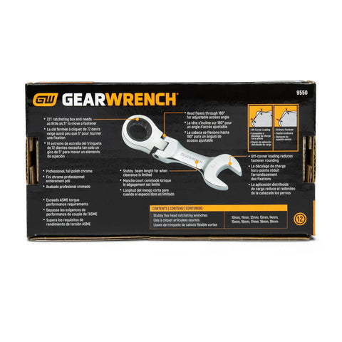 Product box of 10-Pc Metric Stubby Flex-Head Ratcheting Wrench Set with image and features listed on packaging.