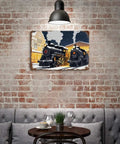 Retro Old School Winter Steam Train Station Tin Sign Metal Wall Decor Plaque hanging over a brick wall in a home setting.