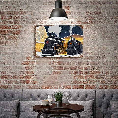 Retro Old School Winter Steam Train Station Tin Sign Metal Wall Decor Plaque hanging over a brick wall in a home setting.