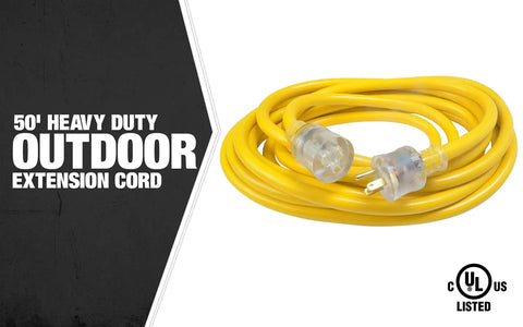 Beefy Heavy Duty 50 Foot Extension Cord 10 Gauge 3 Conductor Outdoor Power Cable With Lighted End In Bright Yellow For Tools Heaters