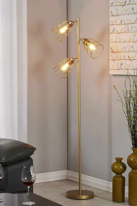 Industrial Floor Lamp With Reading Light, tall golden standing lamp in living room, three open cage lampshades, 65-inch