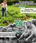 Woman using Sturdy Stainless Steel Weeding Tool with 8 Tines for ergonomic weeding versus traditional manual weeding.