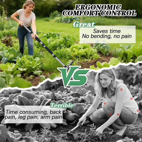 Woman using Sturdy Stainless Steel Weeding Tool with 8 Tines for ergonomic weeding versus traditional manual weeding.