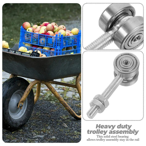Heavy Duty Double Ball Bearing Sliding Door Rollers With Bulletproof Steel Trolley And Smooth Glide For Patio Doors And Window Replacement Hardware Holding Fifty Kilo Loads in a steel trolley assembly.