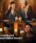 Two DJs with Wired Over Ear Studio Monitoring Headphones With 50mm Drivers For Mixing, DJing And Recording, smiling in a studio.