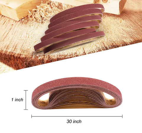 1x30 Inch Sanding Belts Set for Belt Sander, 24 Pack Aluminum Oxide Belts with Open Coat Resin Bond, shown in 1x30 inch measurements