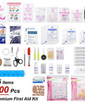 Premium first aid kit, 500-piece, 55-item bundle, collage of assorted medical supplies