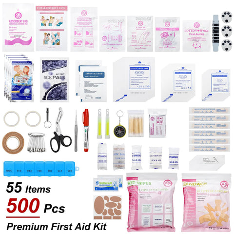 Premium first aid kit, 500-piece, 55-item bundle, collage of assorted medical supplies