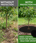 13 Piece Tree Ring Mulch Mat Set For Garden Root Barrier Weed Control Non Woven Black Landscape Rings 12.6 Inch Durable Weather Resistant Easy Install Tree Protectors shown in use, with and without installation comparison.