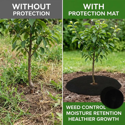 13 Piece Tree Ring Mulch Mat Set For Garden Root Barrier Weed Control Non Woven Black Landscape Rings 12.6 Inch Durable Weather Resistant Easy Install Tree Protectors shown in use, with and without installation comparison.