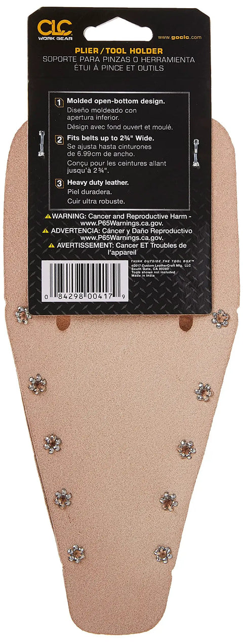 Back view of Rugged Heavy Duty Plier Tool Holder With Open Bottom Design, Model 417 in packaging, showing features and warnings.