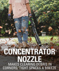 Person using 80V Cordless Axial Leaf Blower with 150 MPH air, 500 CFM, on a leaf-covered path.