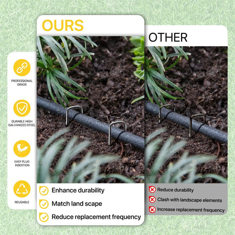 25 Pack 6 Inch Landscape Staples 11 Gauge Galvanized Lawn Stakes securing weed barrier fabric, comparison of product efficacy.