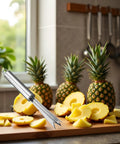 Pineapple Eye Remover Tool With V Shaped Stainless Steel Blade, Multipurpose Fruit Cutter on kitchen counter with sliced pineapples