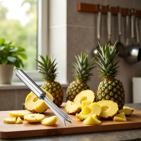 Pineapple Eye Remover Tool With V Shaped Stainless Steel Blade, Multipurpose Fruit Cutter on kitchen counter with sliced pineapples