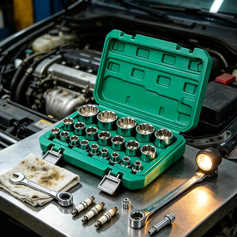 Heavy Duty 12 Point Socket Set Mechanic Tool Kit With Storage Case Adapter, steel sockets in green case on engine bay table