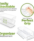Clear Plastic Stackable Fridge Storage Bins 8 Pack Pantry Organization Cubes For Grocery Management And Fresh Food Keepers stacked with measurements for efficient use.