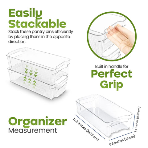 Clear Plastic Stackable Fridge Storage Bins 8 Pack Pantry Organization Cubes For Grocery Management And Fresh Food Keepers stacked with measurements for efficient use.