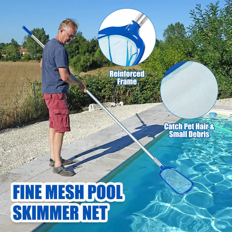 Man using no fuss three piece pool cleaning kit with skimmer net, extendable aluminum pole near outdoor pool and trees