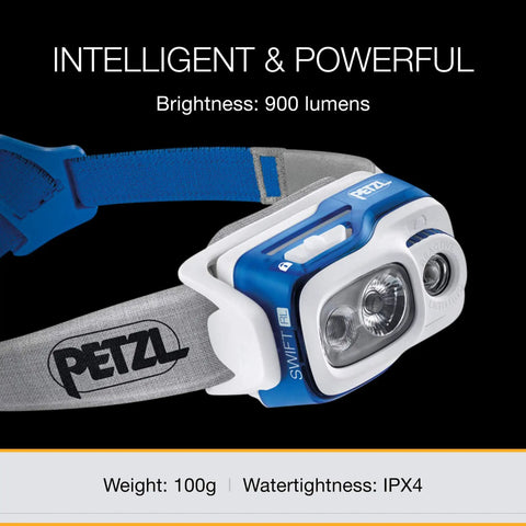 Swift RL Rechargeable Headlamp With Reactive Lighting Technology, 900 Lumens, Blue, side view showing lens and strap details