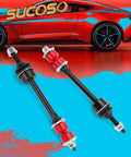 Dodge Ram 1500 Sway Bar End Link With PU Bushings Replacement, Beefed-Up Stabilizer Link For 2006-2024 Models, OE K80894, Reduces Body Roll, Eliminates Clunking Noise, Beats Vibration, Improves Cornering And Ride Confidence, black and red pair on red Ram side view