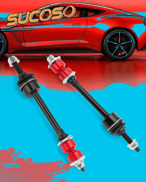 Dodge Ram 1500 Sway Bar End Link With PU Bushings Replacement, Beefed-Up Stabilizer Link For 2006-2024 Models, OE K80894, Reduces Body Roll, Eliminates Clunking Noise, Beats Vibration, Improves Cornering And Ride Confidence, black and red pair on red Ram side view
