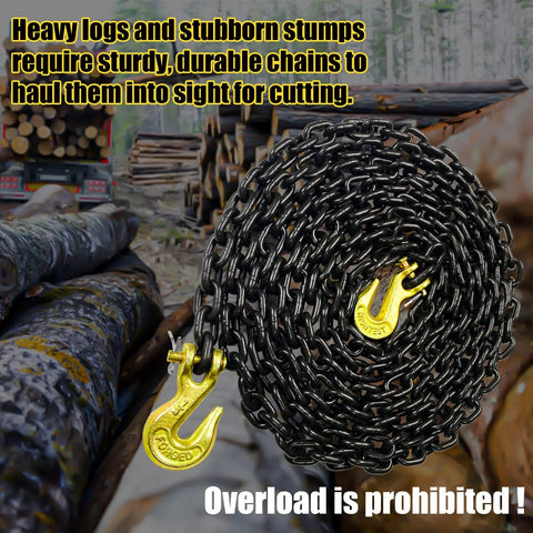G80 Transport Binder Chain One Quarter Inch Fourteen Feet With Clevis Grab Hooks, rolled chain near stacked logs.
