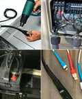 Person using a heat gun on Heavy Duty 1.5 Inch Black Heat Shrink Tubing 5 Ft Roll for secure waterproof wiring connections.