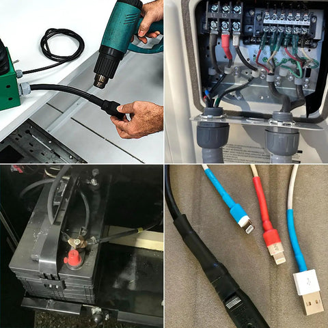 Person using a heat gun on Heavy Duty 1.5 Inch Black Heat Shrink Tubing 5 Ft Roll for secure waterproof wiring connections.