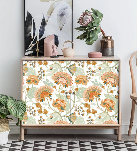 Dope Boho Floral Peel And Stick Wallpaper With Vintage Chomper Flower Design Removable Contact Paper for cabinets in decor.