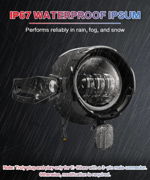 LED Ebike Headlight With White Halo For Super73 S2 SE S2 Laguna And Brooklyn R SE 2021 Models shown in rain with housing and bracket.