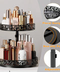 Front view of a two-tier black metal lazy Susan with floral cutout border, 12-inch diameter, adjustable height