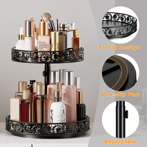 Front view of a two-tier black metal lazy Susan with floral cutout border, 12-inch diameter, adjustable height