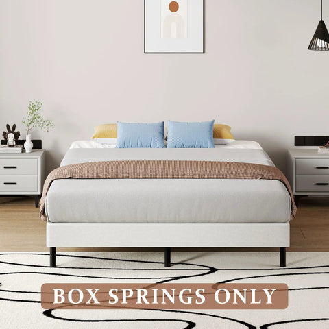 Full Size Box Spring And Mattress Foundation 5 Inch Low Profile Heavy Duty Metal Bed Base in a modern bedroom setting.