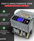 Pro Grade Coin Counter And Sorter With Wrapper Roller, High Speed 300 Coins Per Minute, 2000 Coin Hopper, Gray machine display