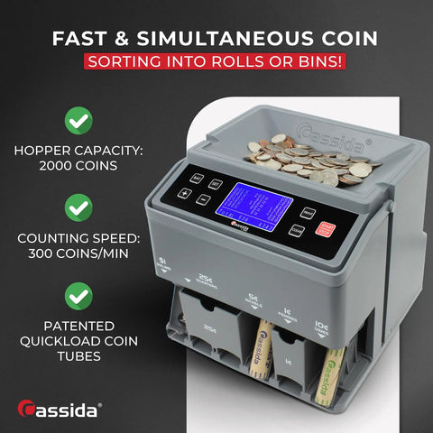 Pro Grade Coin Counter And Sorter With Wrapper Roller, High Speed 300 Coins Per Minute, 2000 Coin Hopper, Gray machine display