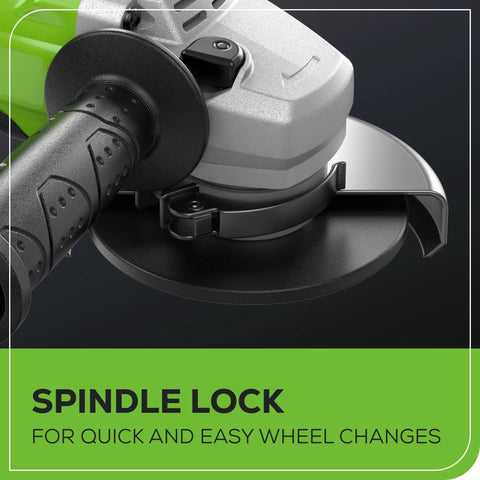 Close-up of the 24V Brushless Cordless Angle Grinder's spindle lock with aluminum gearbox for quick cuts and smooth grinding.