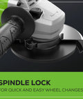 Close-up of 24V Brushless Cordless Angle Grinder 4-1/2 Inch with spindle lock for quick wheel changes and heavy-duty power use.