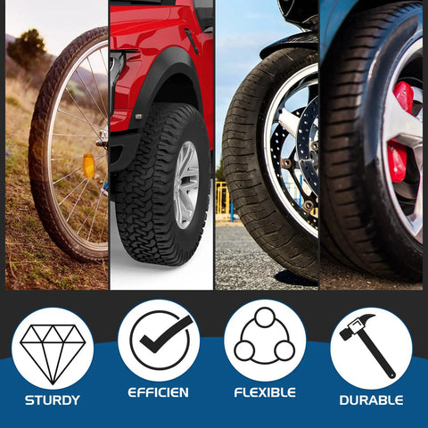 Image of various tires for cars, motorcycles, bikes; showcasing Go-To Durable Multi Size Tire Reamer Drill Bit Set for repair tools.