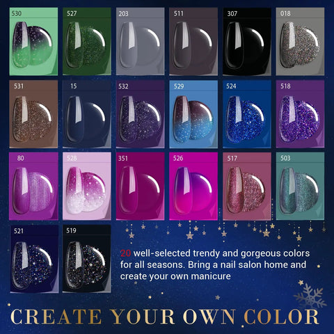 Display of 20 color-changing glitter powders, part of Dope Dip Powder Nail Kit With 20 Color Changing Glitter Powders And Full Liquid Set