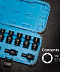 Half Inch Drive Universal Impact Socket Set 7/16 to 15/16 SAE 9-Piece Swivel Sockets in blue case